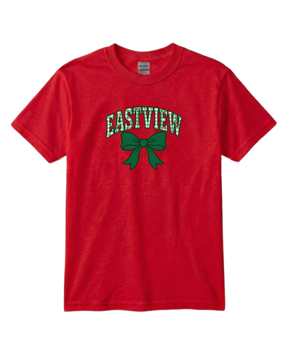 A red t-shirt with a green bow and the word "EASTVIEW" printed on it.