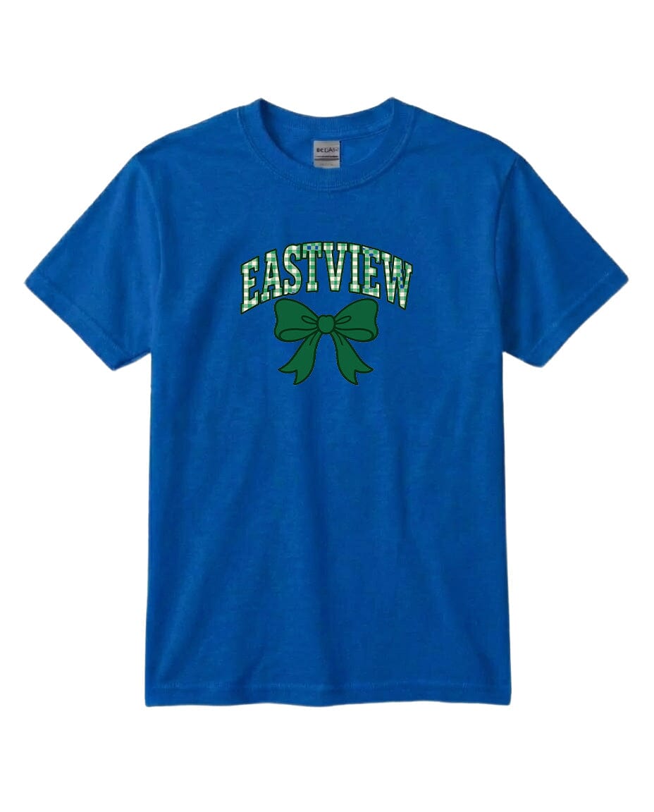 A blue t-shirt with a graphic design featuring a green bow and the word "EASTVIEW" printed on it.