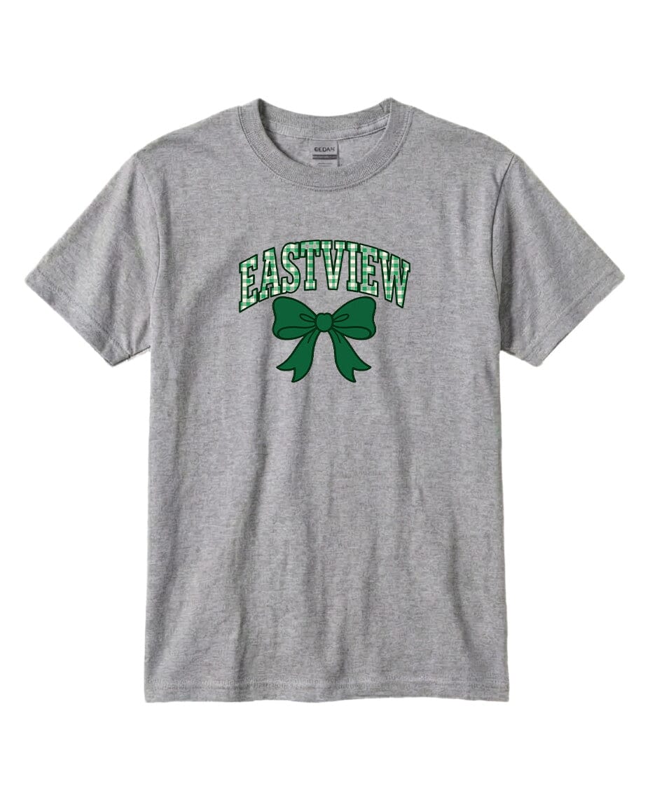 A gray t-shirt with a green bow and the text "EASTVIEW" printed on it.