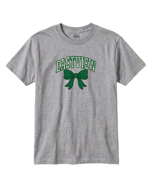 A gray t-shirt with a green bow and the text "EASTVIEW" printed on it.