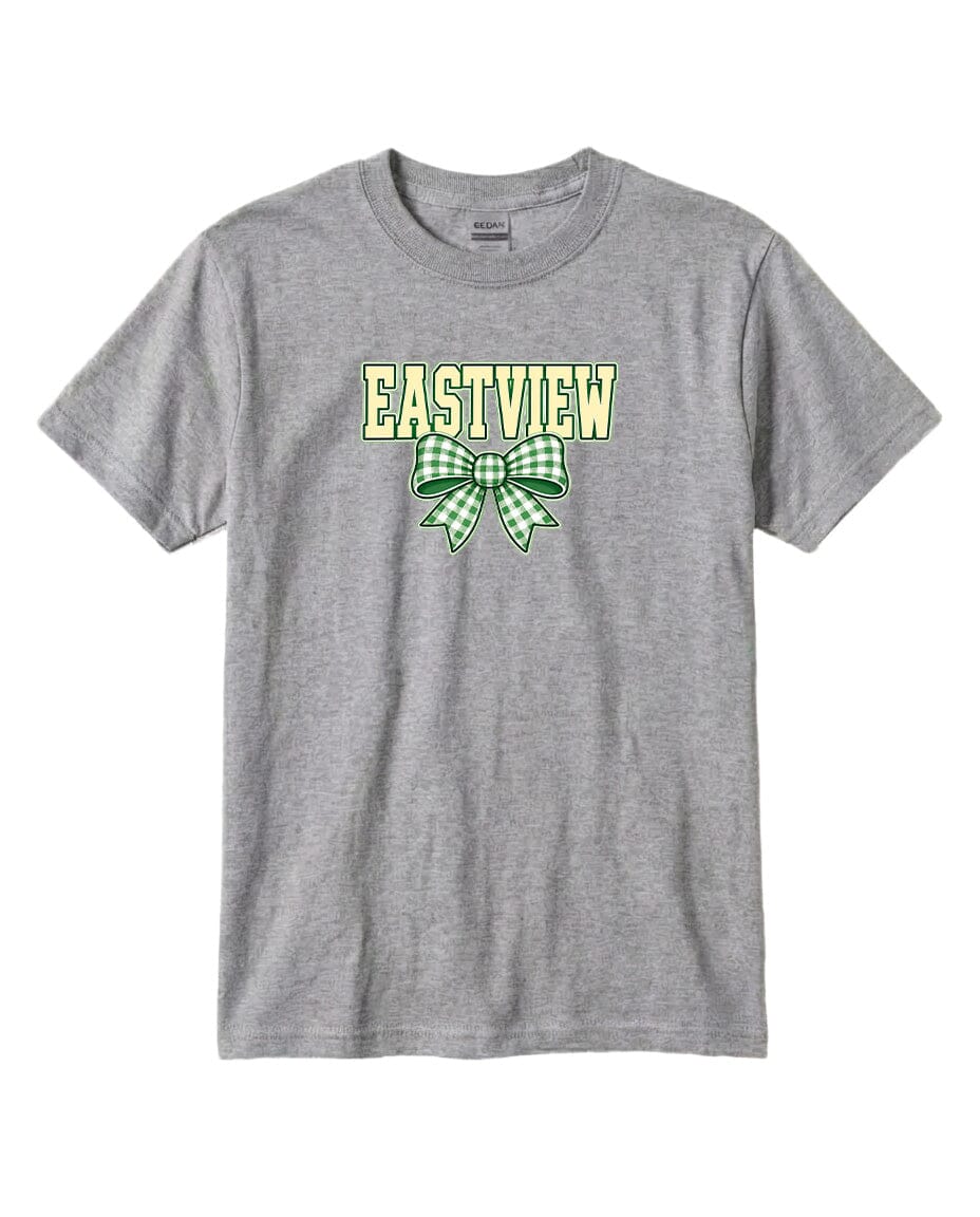 A gray t-shirt with a green and white bow graphic and the word "EASTVIEW" printed on it.