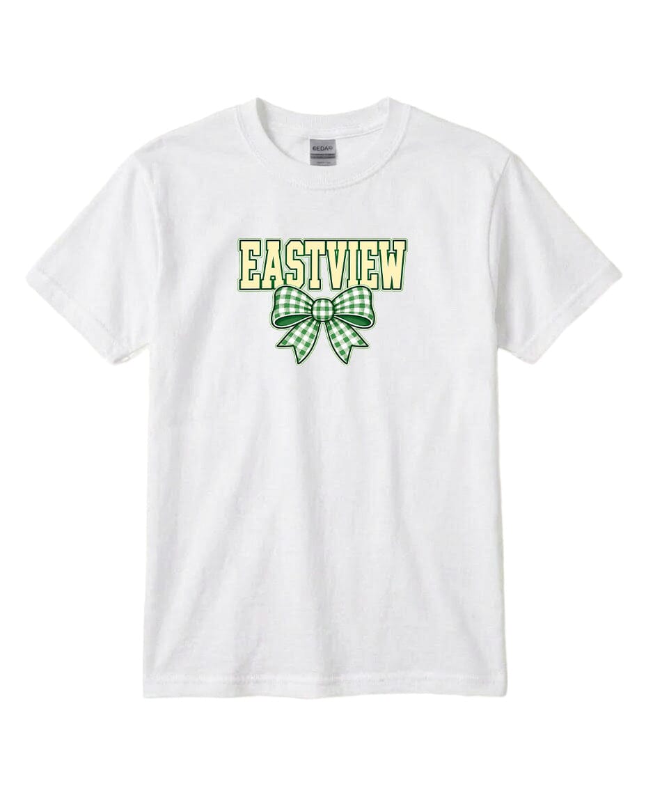 A white t-shirt with a green and white bow graphic and the word "EASTVIEW" printed on it.
