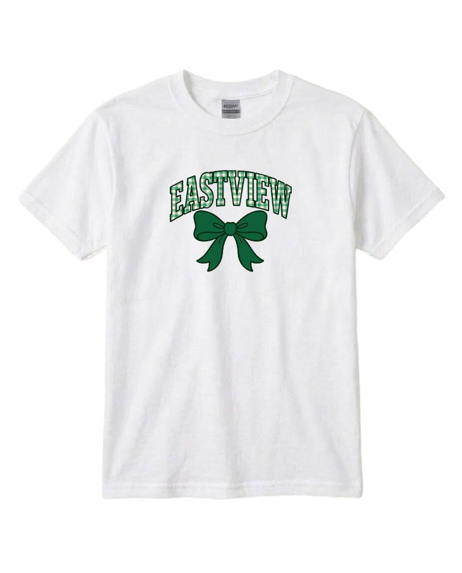 A white t-shirt with the text "EASTVIEW" and a green bow graphic printed on it.