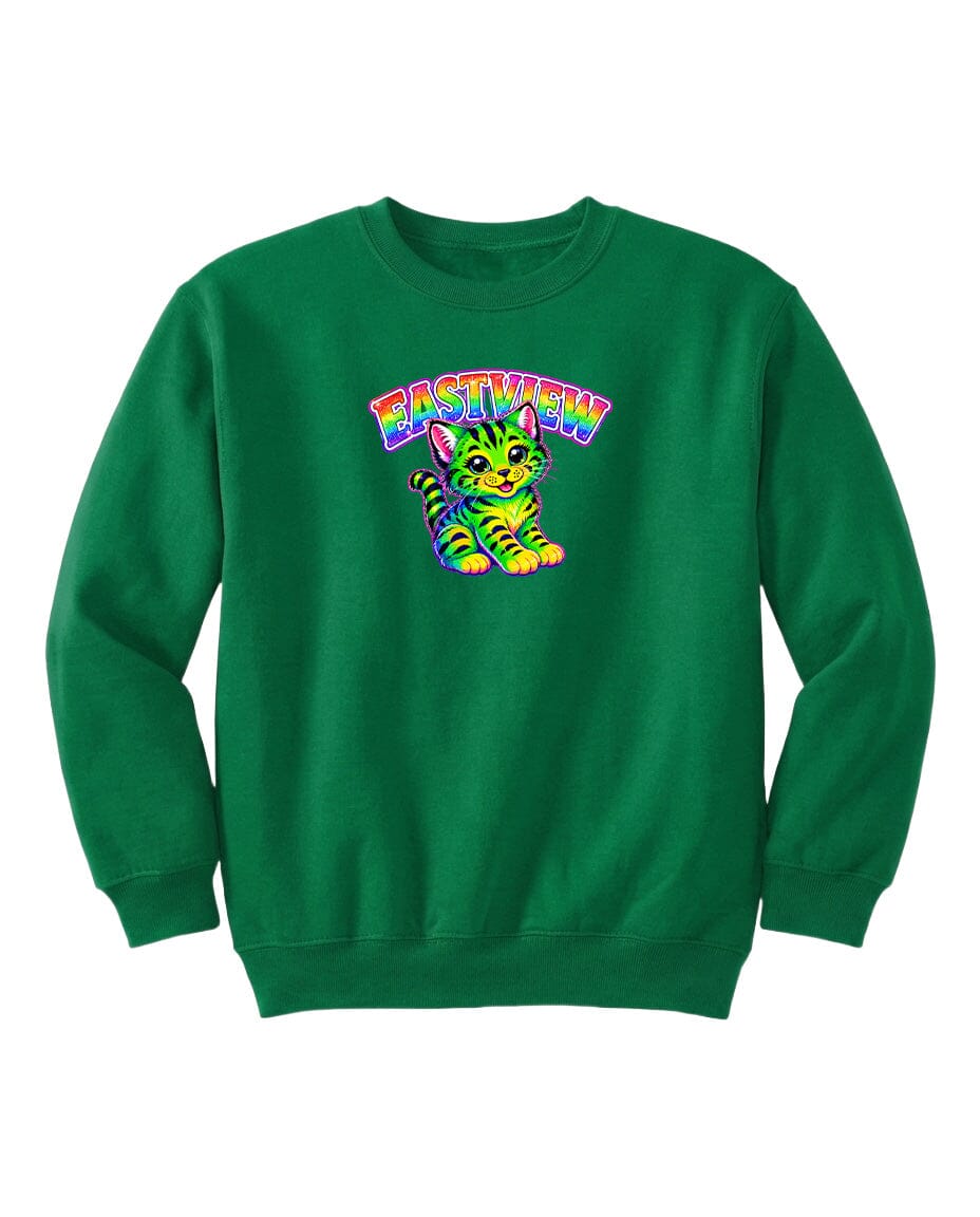 A green sweatshirt with a colorful graphic of a cat and the word "EASTVIEW" printed on it.