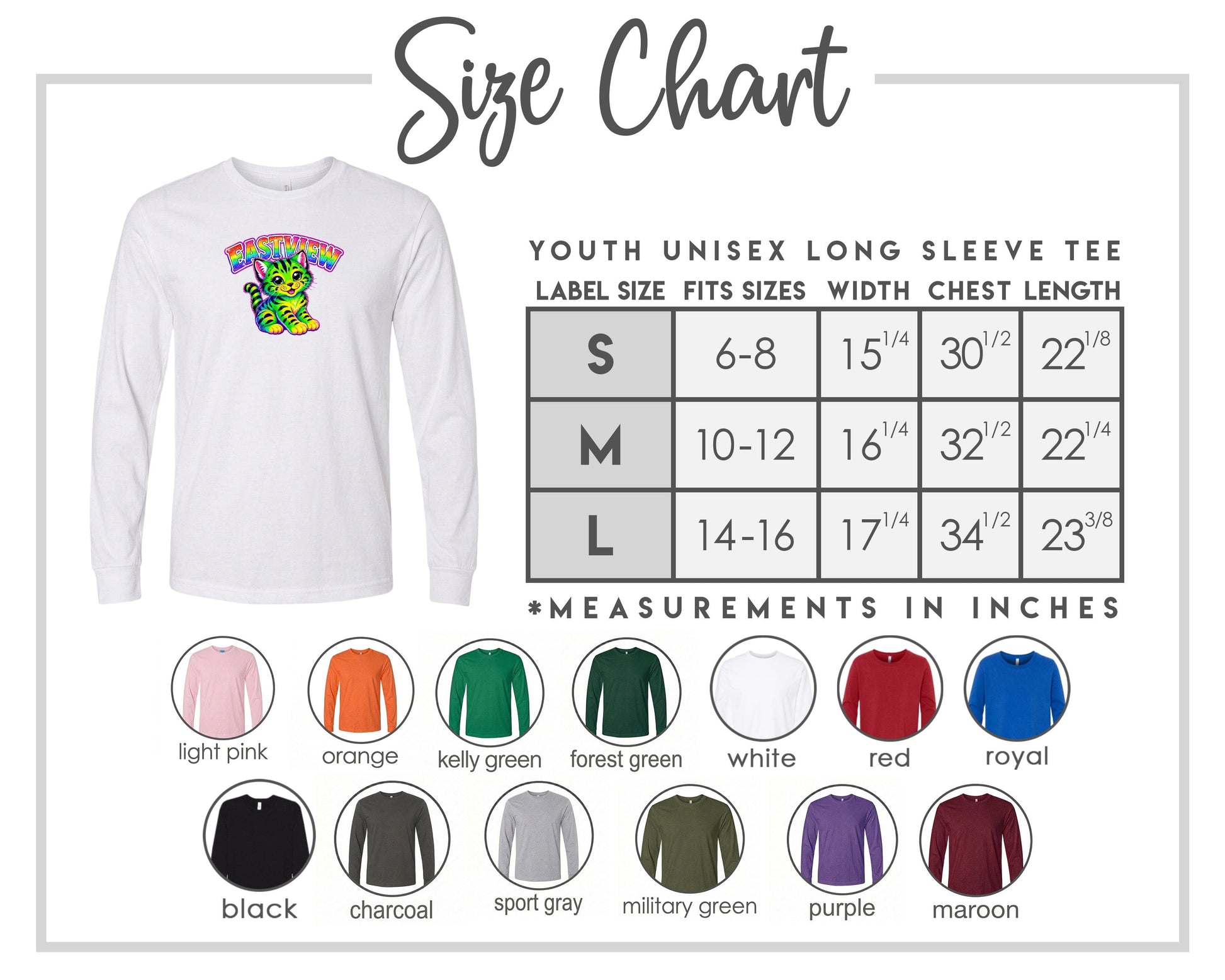 The image is a size chart for a youth unisex long sleeve tee, including various color options and corresponding measurements.