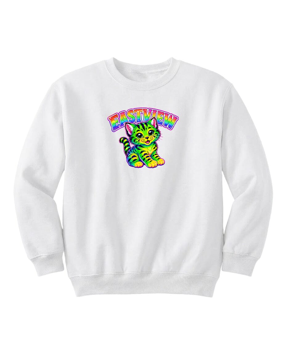 A white sweatshirt with a colorful graphic of a cat and the text "EASTVIEW" printed on it.