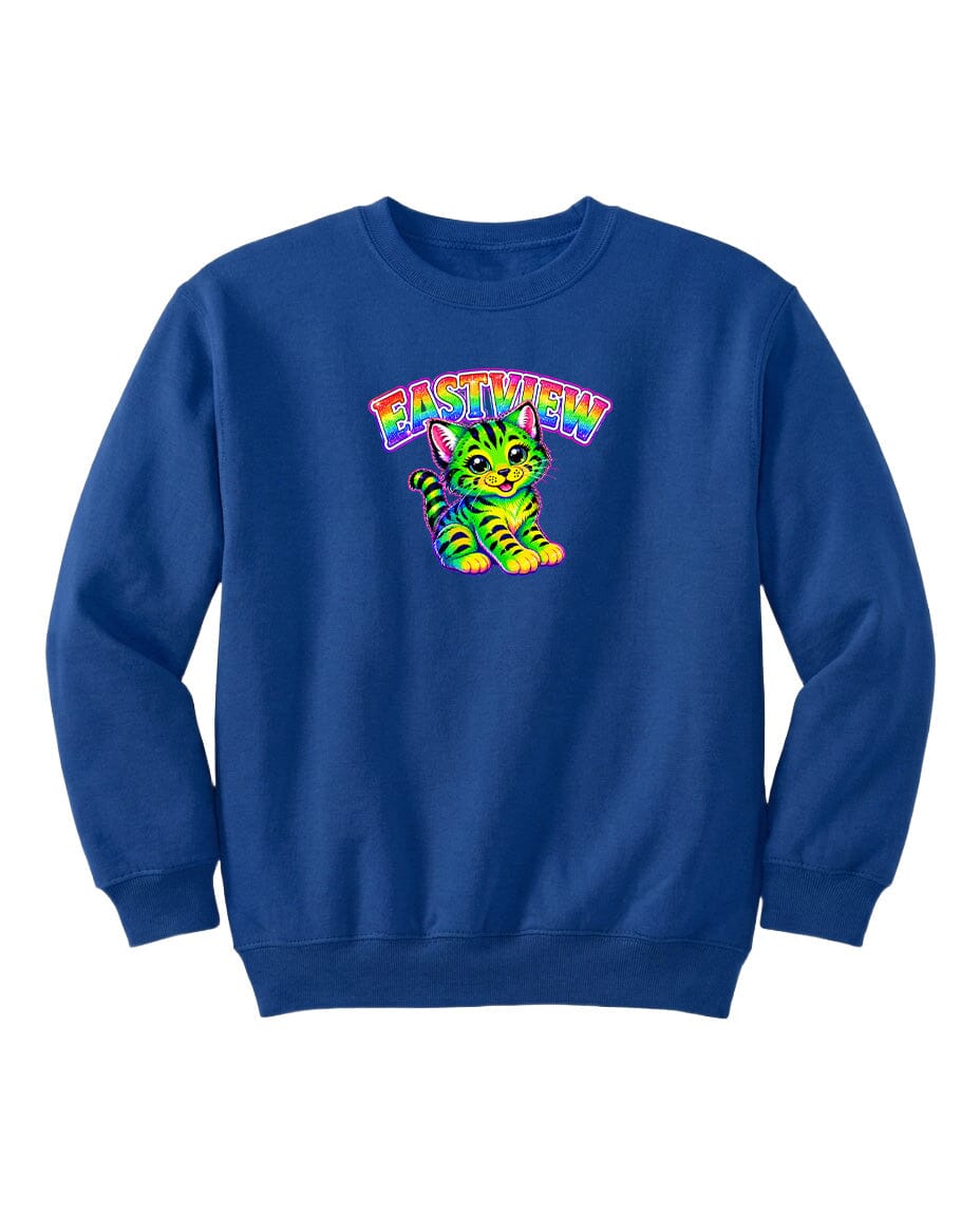 A blue sweatshirt with a colorful graphic of a cat and the word "EASTVIEW" printed on it.