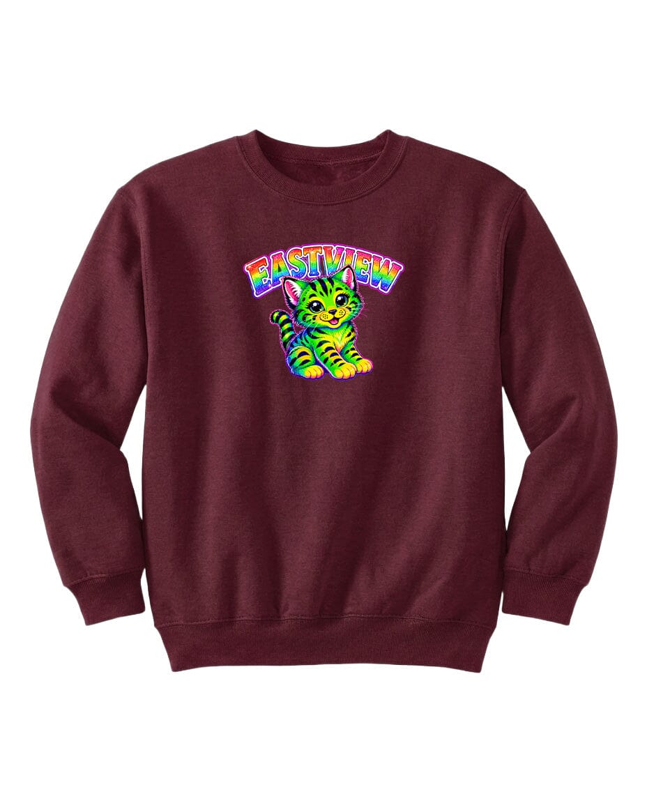A burgundy sweatshirt with a colorful graphic of a cat and the word "EASTVIEW" printed on it.
