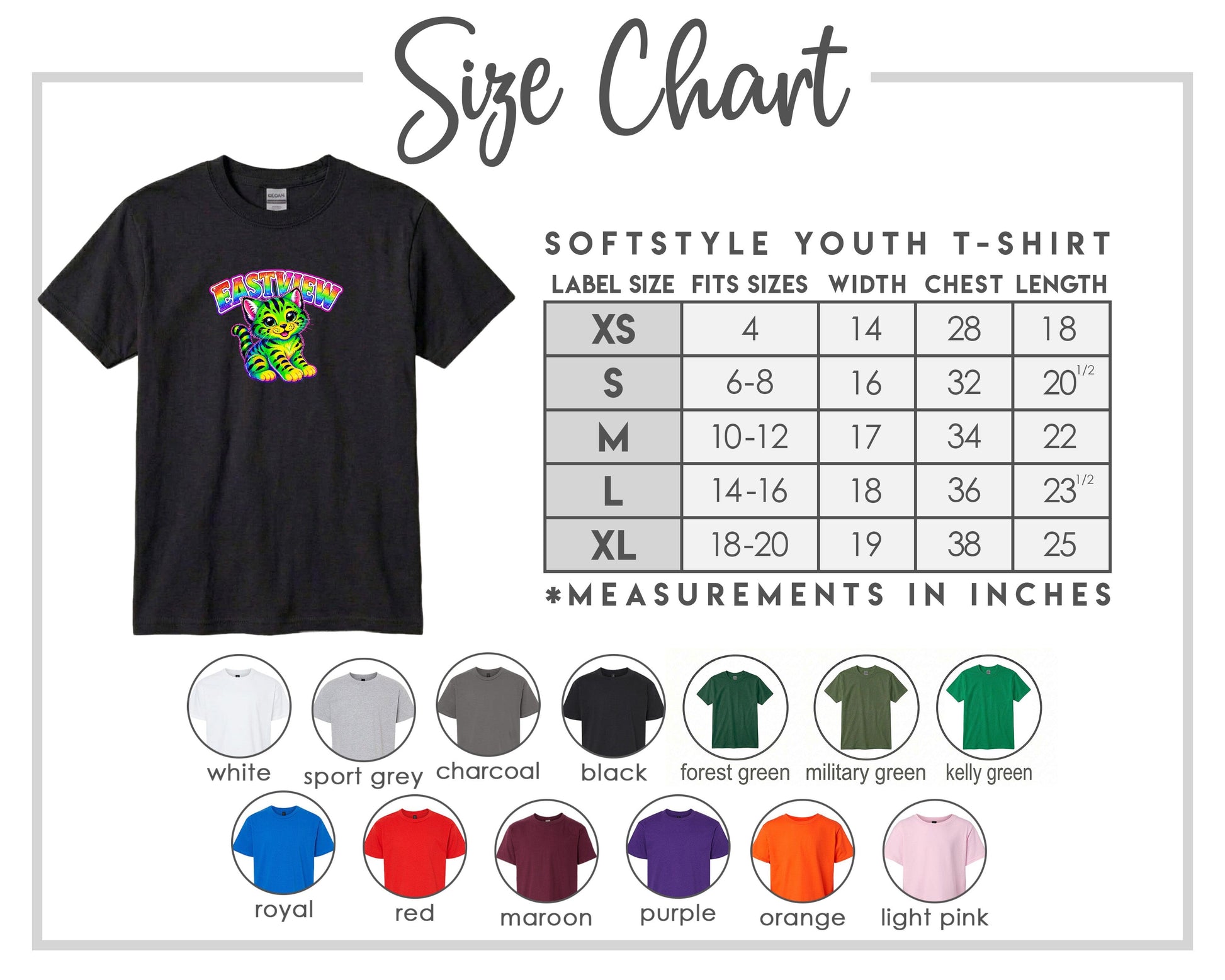 The image is a size chart for a softstyle youth t-shirt, providing measurements for different sizes and corresponding t-shirt colors.