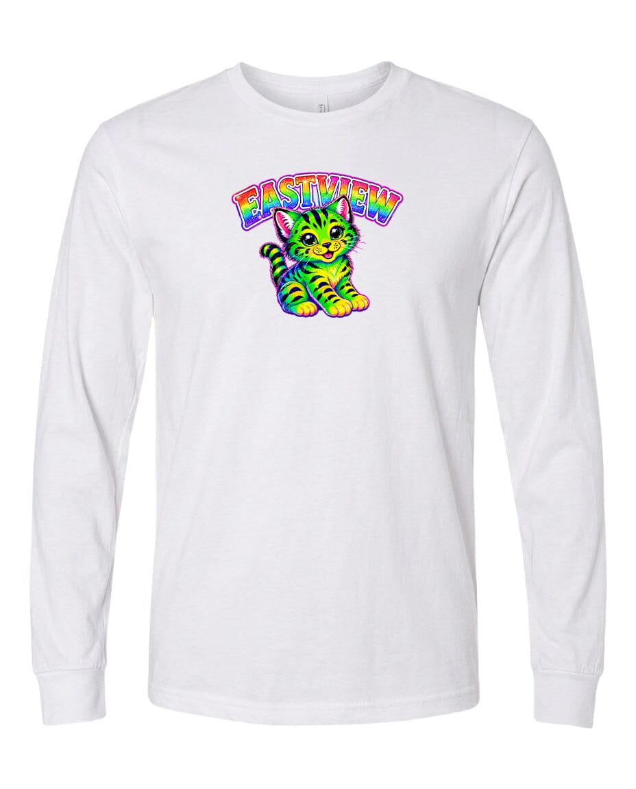 A white long-sleeved t-shirt with a colorful graphic of a cat and the text "EASTVIEW" printed on it.