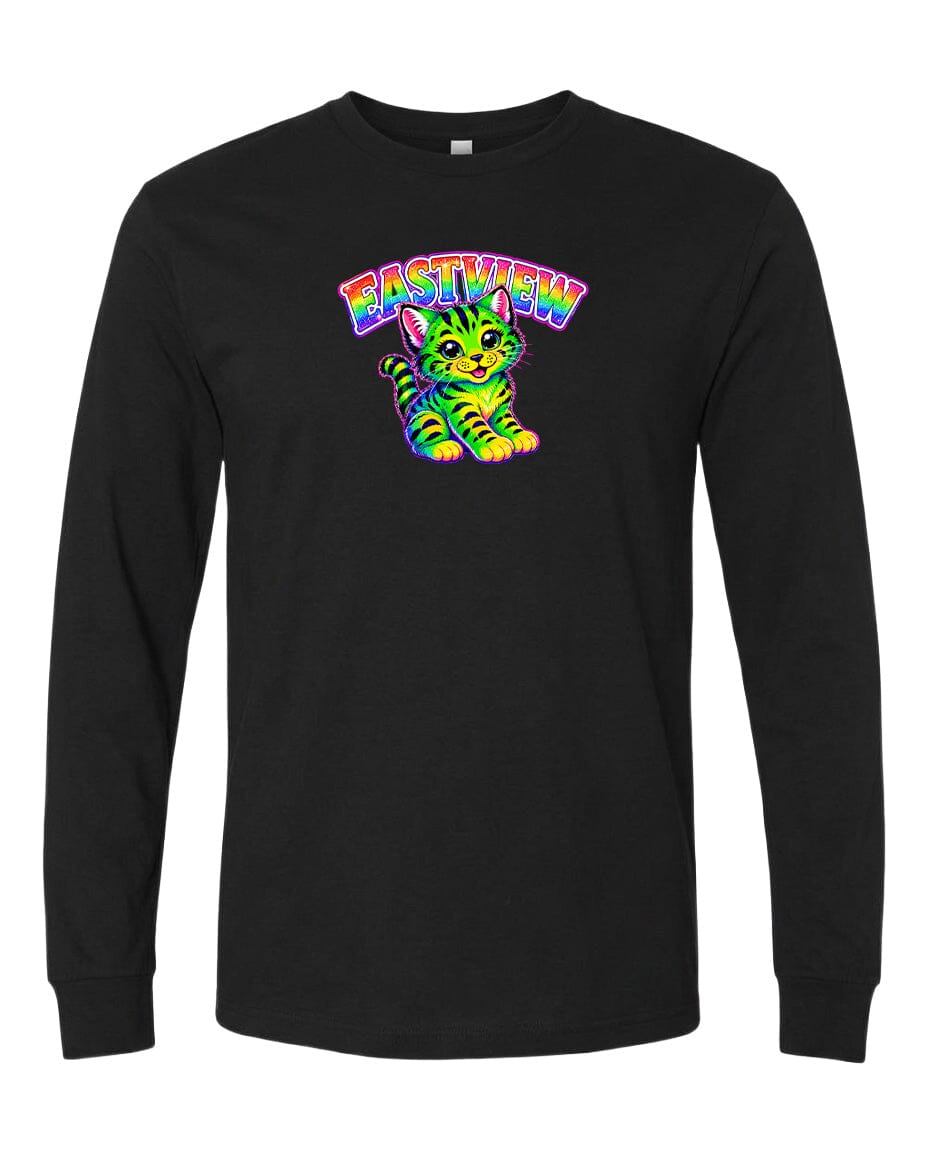A black long-sleeved t-shirt with a colorful graphic design depicting a cat with a rainbow-colored pattern.