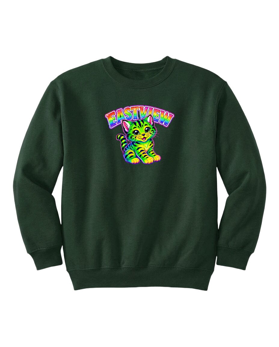 A green sweatshirt with a colorful graphic of a cat and the word "EASTVIEW" printed on it.