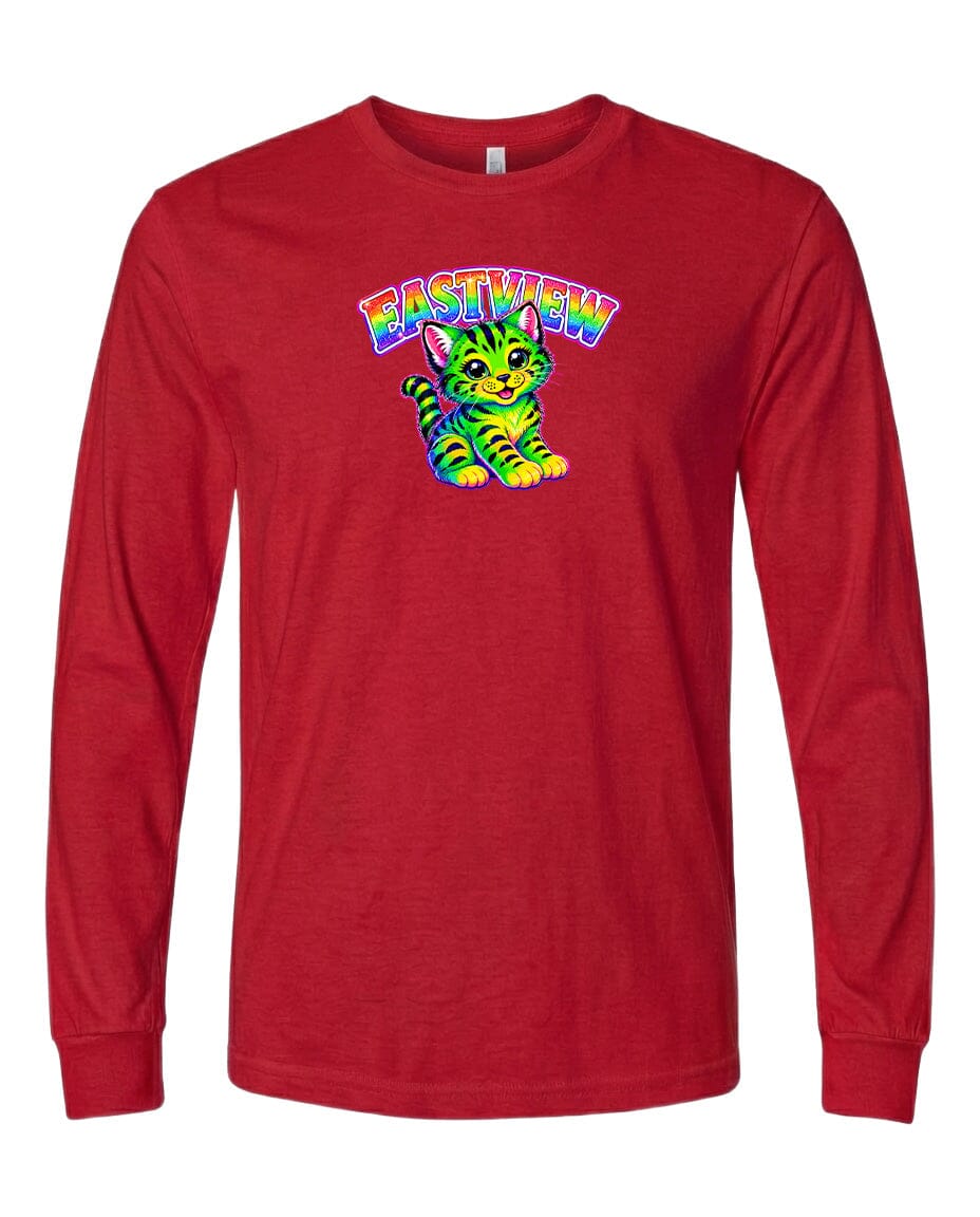 A red long-sleeved t-shirt with a colorful graphic of a cat and the text "EASTVIEW" printed on it.
