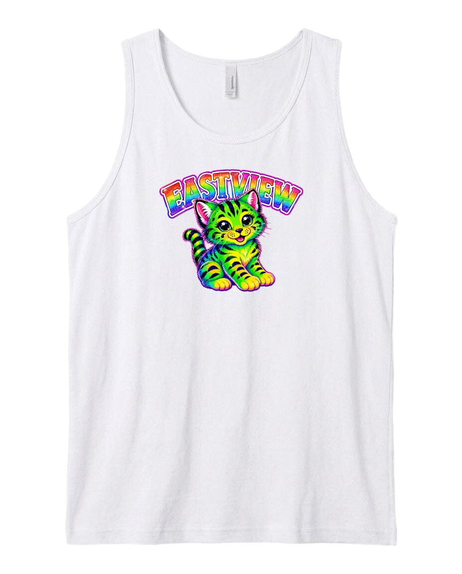 A white tank top with a colorful graphic of a cat and the text "EASIVIEW" printed on it.