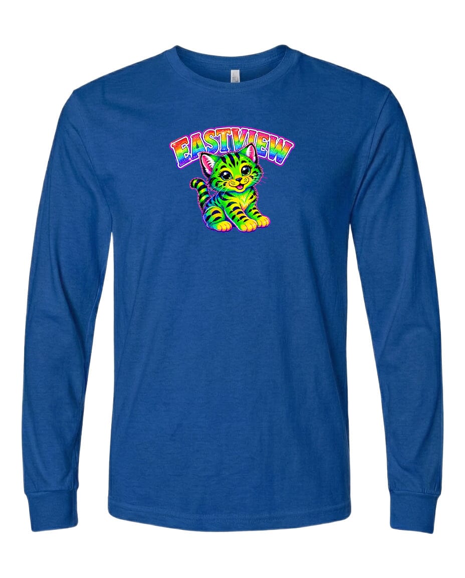 A blue long-sleeved t-shirt with a colorful graphic of a cat and the text "EASTVIEW" printed on it.