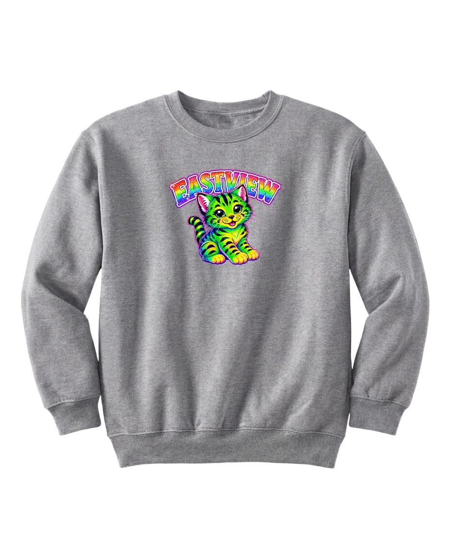 A gray sweatshirt with a colorful graphic of a cat and the word "EASTVIEW" printed on it.