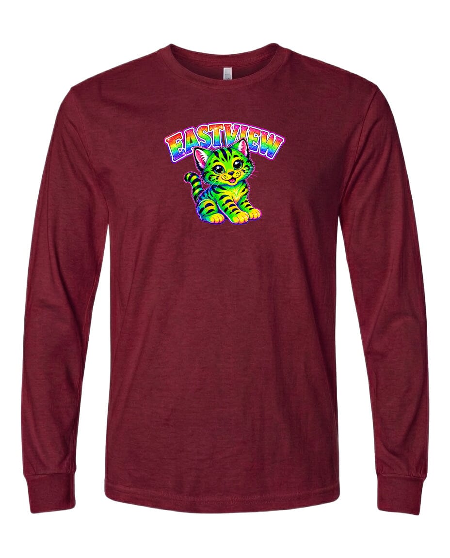A long-sleeved burgundy-colored t-shirt with a colorful graphic of a cat and the text "EASTVIEW" printed on it.