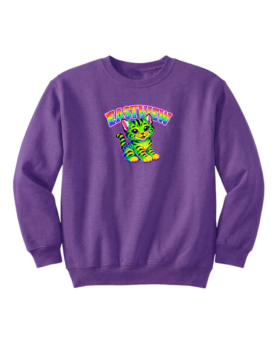 A purple sweatshirt with a colorful graphic of a cat and the word "EASTVIEW" printed on it.
