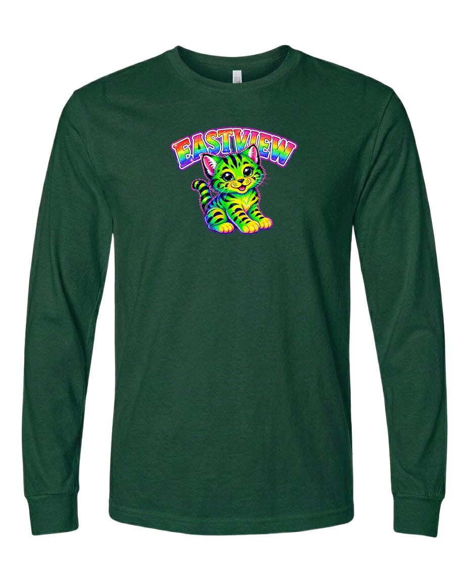 A long-sleeved green t-shirt with a colorful graphic of a cat and the text "EASTVIEW" printed on it.