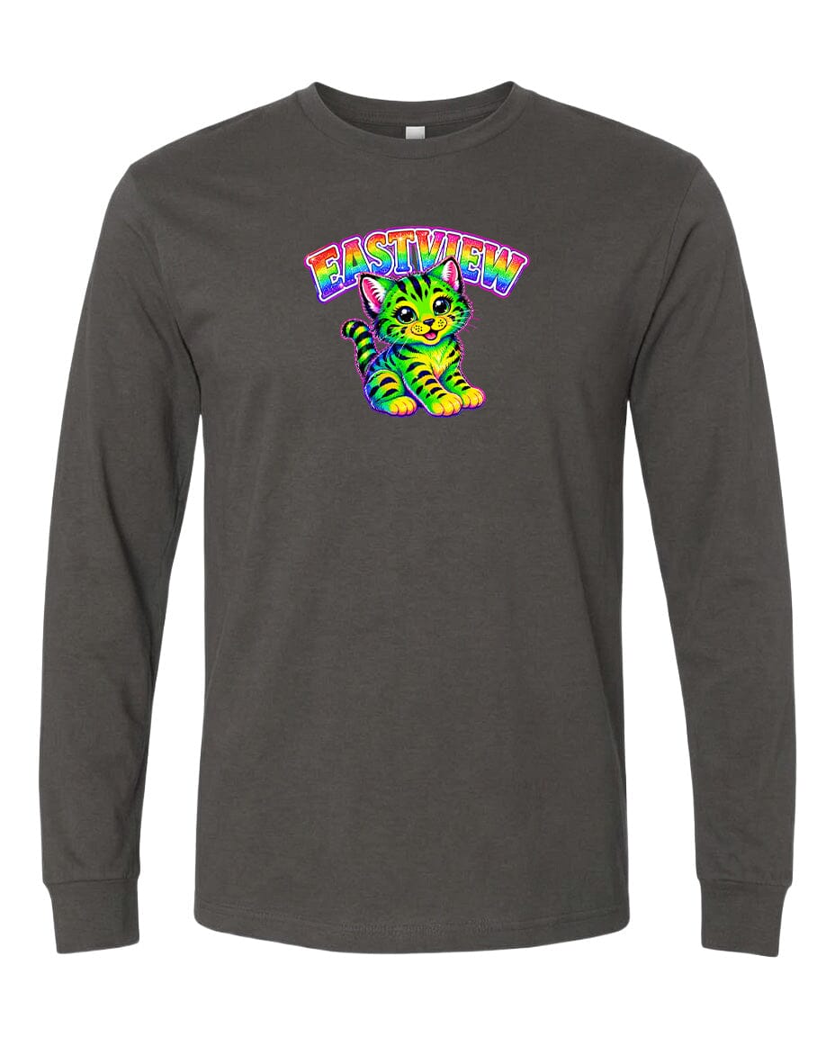 A gray long-sleeved t-shirt with a colorful graphic of a cat and the text "EASTVIEW" printed on it.