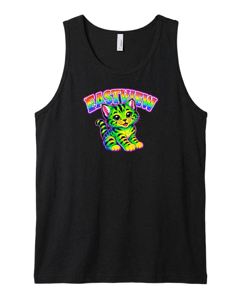 A black tank top with a colorful graphic of a cat and the text "EASYVIEW" printed on it.