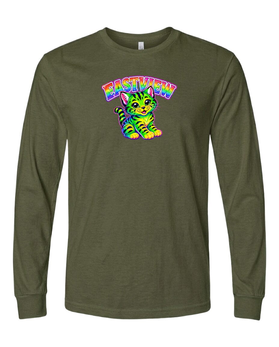 A long-sleeved olive green t-shirt with a colorful graphic of a cat and the text "EASTVIEW" printed on it.