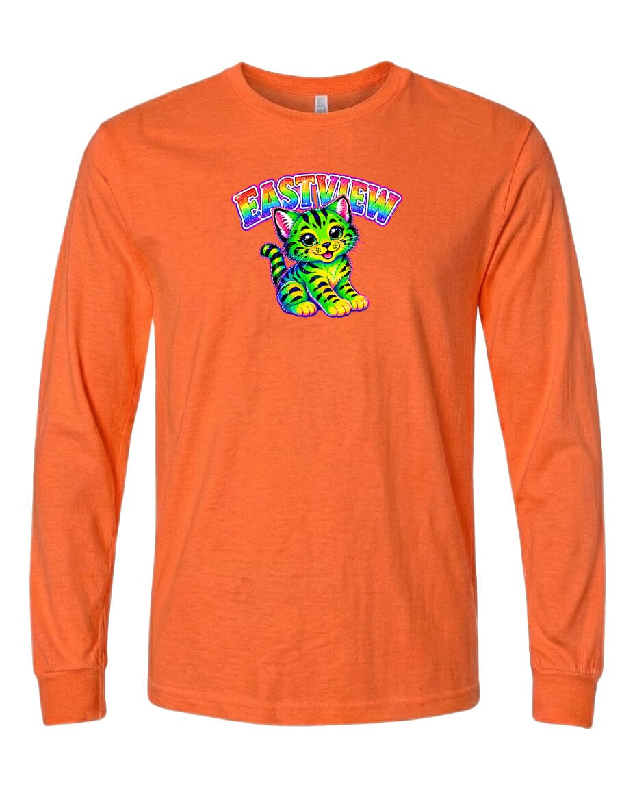 a long-sleeved orange t-shirt with a colorful graphic of a cat and the text "EASTVIEW" printed on it.