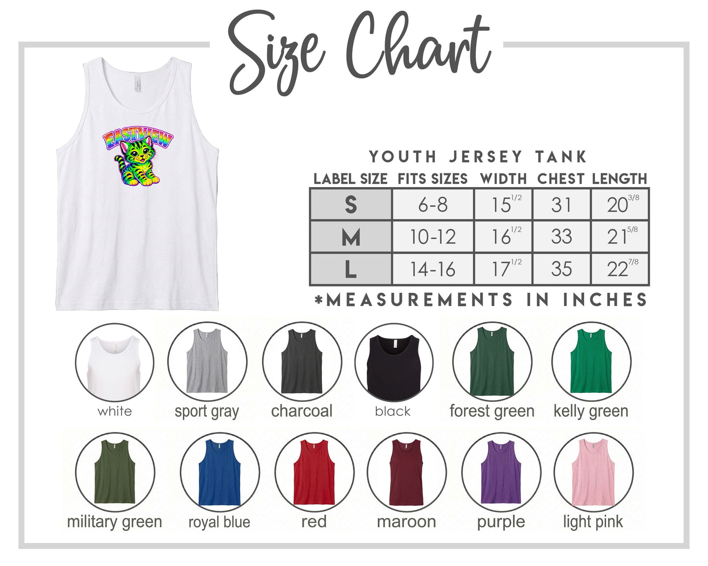 The image is a size chart for a youth jersey tank, displaying various label sizes and corresponding chest measurements. The chart includes a white tank with a colorful graphic on it, along with a table of size and chest measurement information. The chart also includes a variety of colored tops, each labeled with a different color, to provide a visual representation of the different label sizes and corresponding chest measurements.