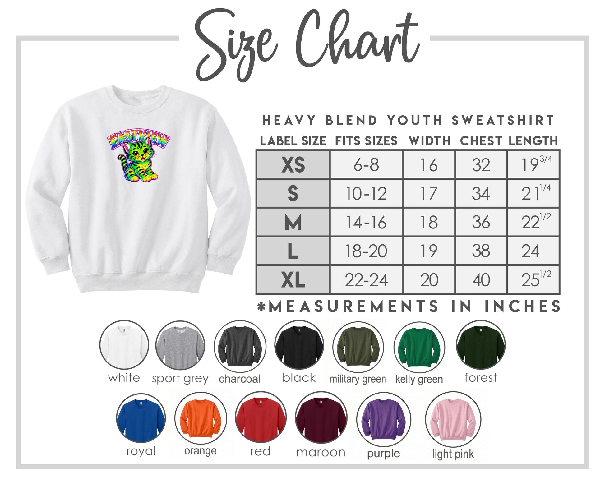 The image is a size chart for a heavy blend youth sweatshirt, including various color options and corresponding measurements in inches.