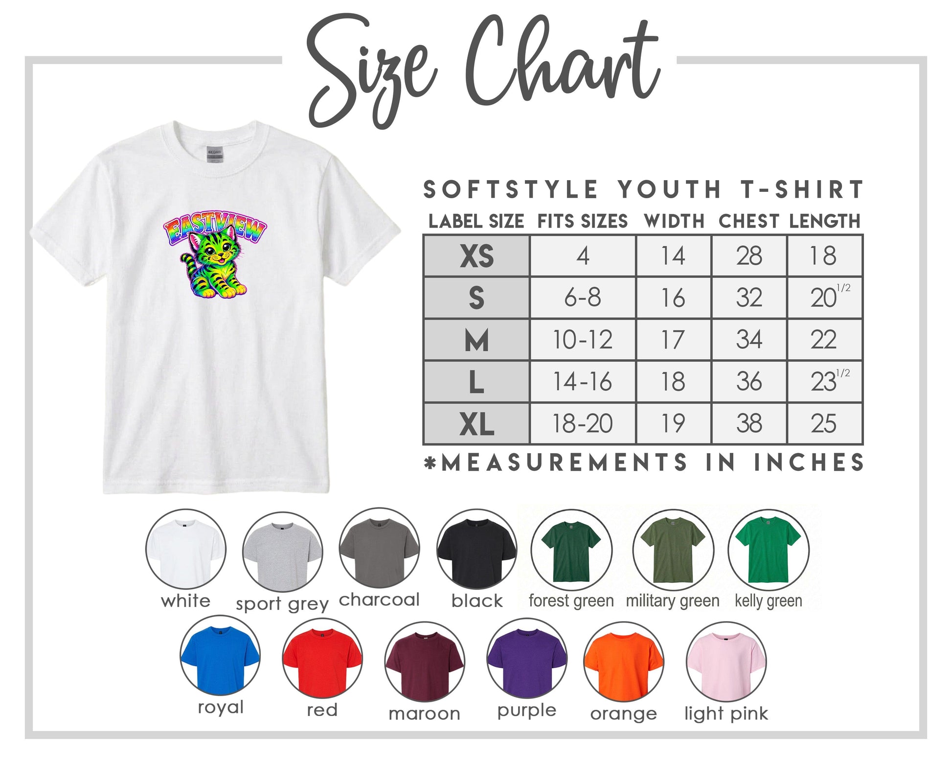 The image is a size chart for a softstyle youth t-shirt, providing measurements for different sizes and corresponding t-shirt colors.
