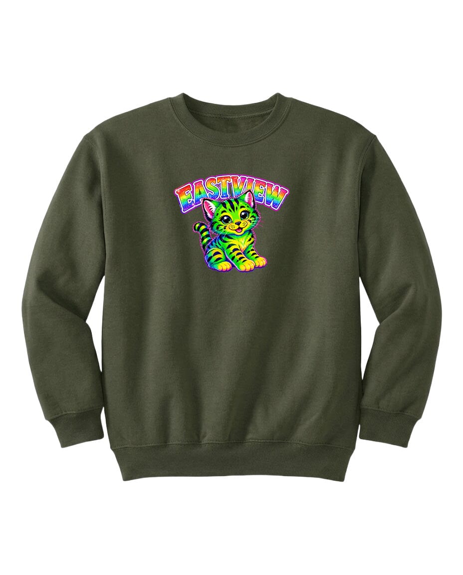 A green sweatshirt with a colorful graphic of a cat and the word "EASTVIEW" printed on it.