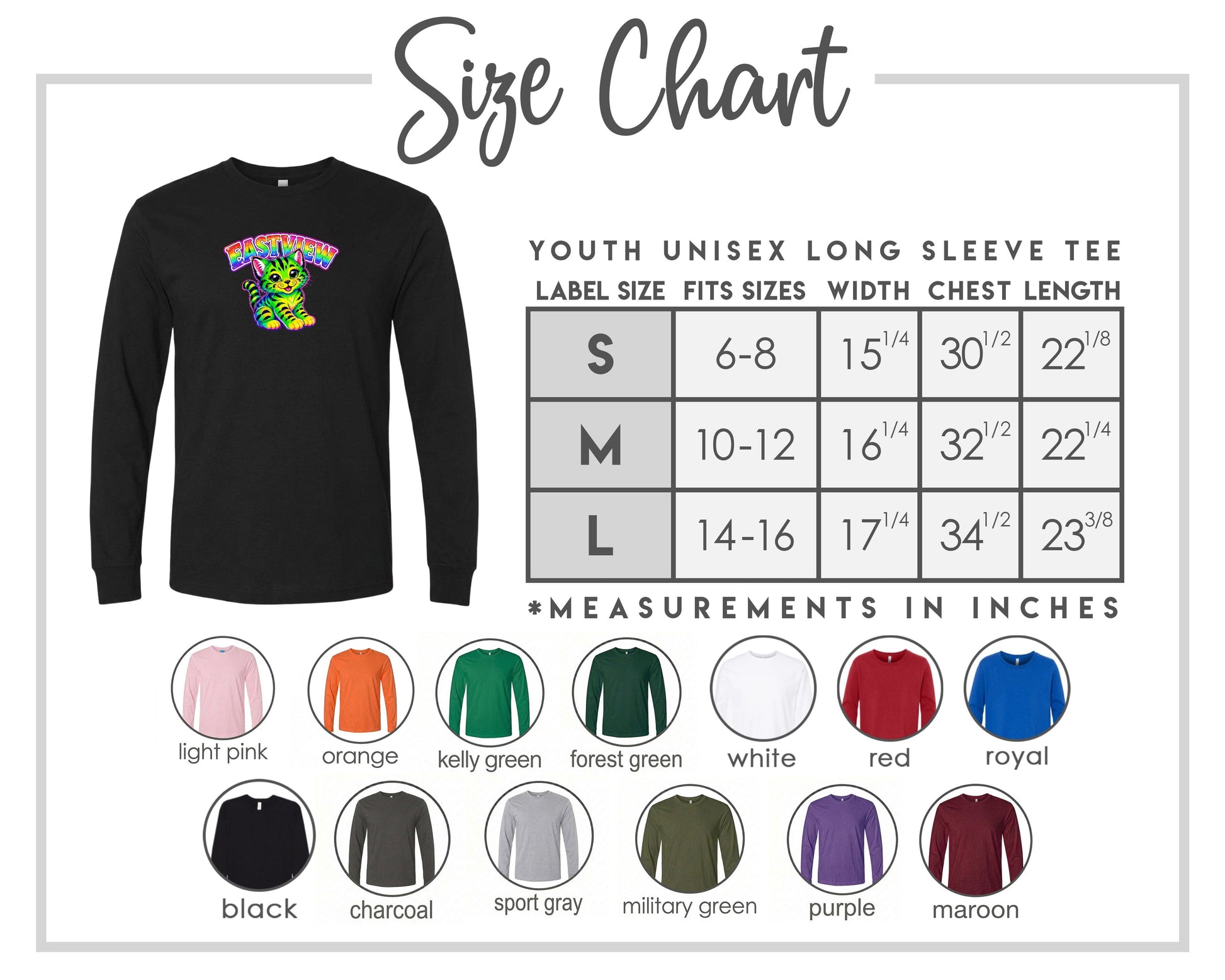 The image is a size chart for a youth unisex long sleeve tee, including various color options and corresponding measurements.
