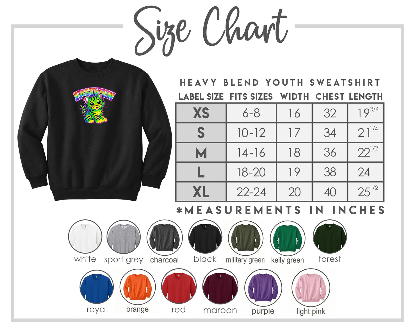The image is a size chart for a heavy blend youth sweatshirt, including various color options and corresponding measurements in inches.