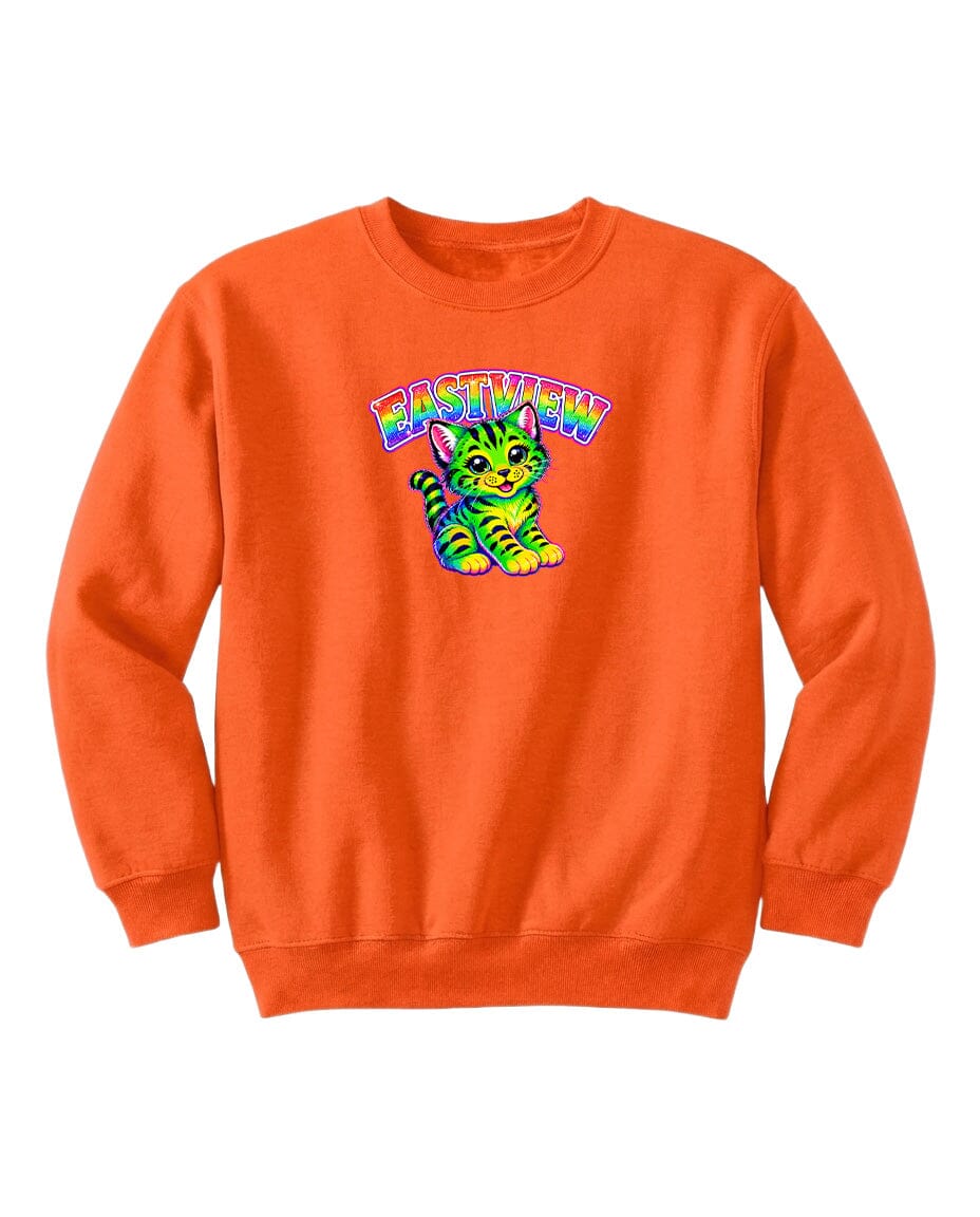 An orange sweatshirt with a colorful graphic of a cat and the word "EASTVIEW" printed on it.