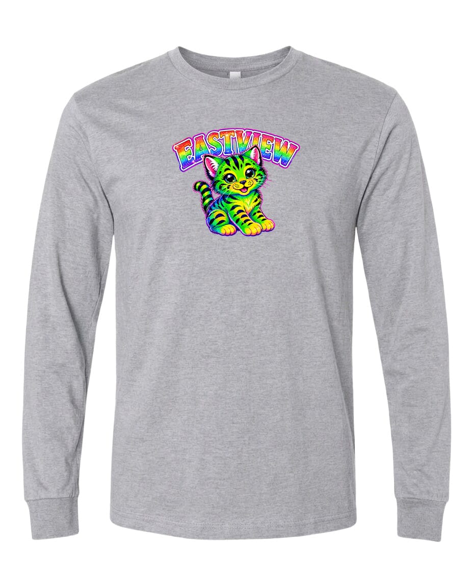 A gray long-sleeved t-shirt with a colorful graphic of a cat and the text "EASTVIEW" printed on it.