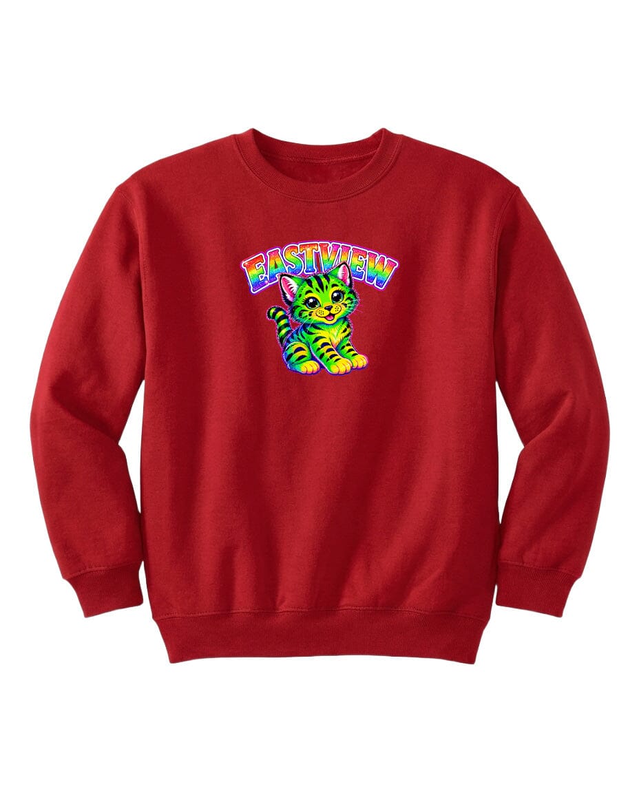 A red sweatshirt with a colorful graphic of a cat and the word "EASTVIEW" printed on it.