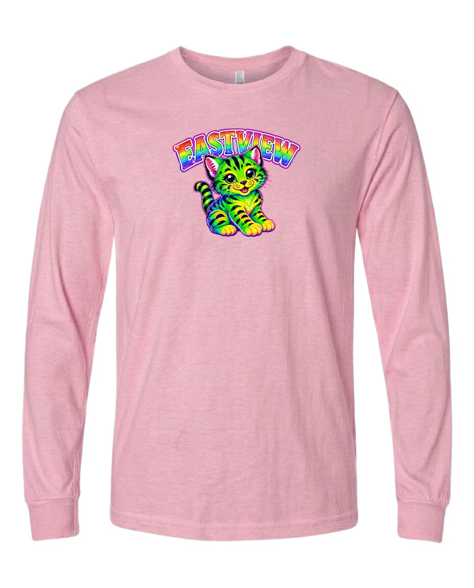 A pink long-sleeved t-shirt with a colorful graphic of a cat and the text "EASTVIEW" printed on it.