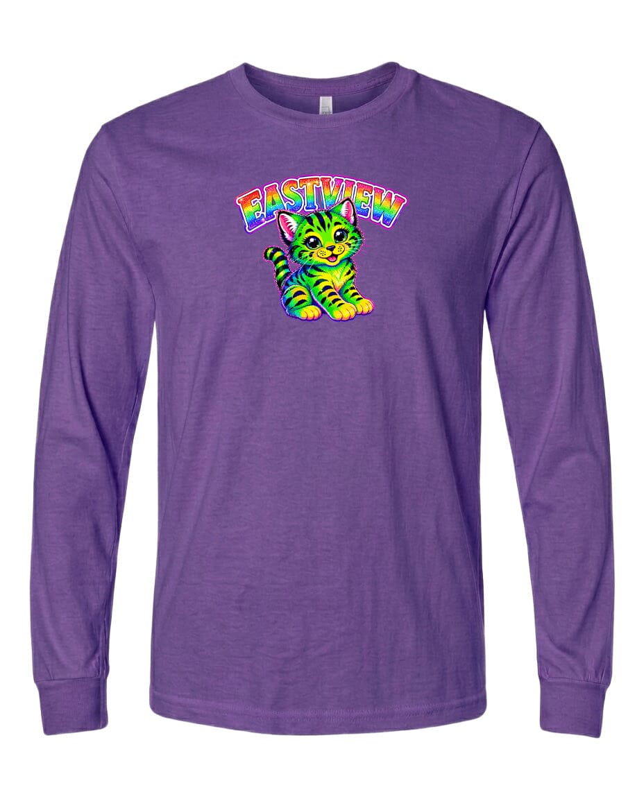 A purple long-sleeved t-shirt with a colorful graphic of a cat and the text "EASTVIEW" printed on it.