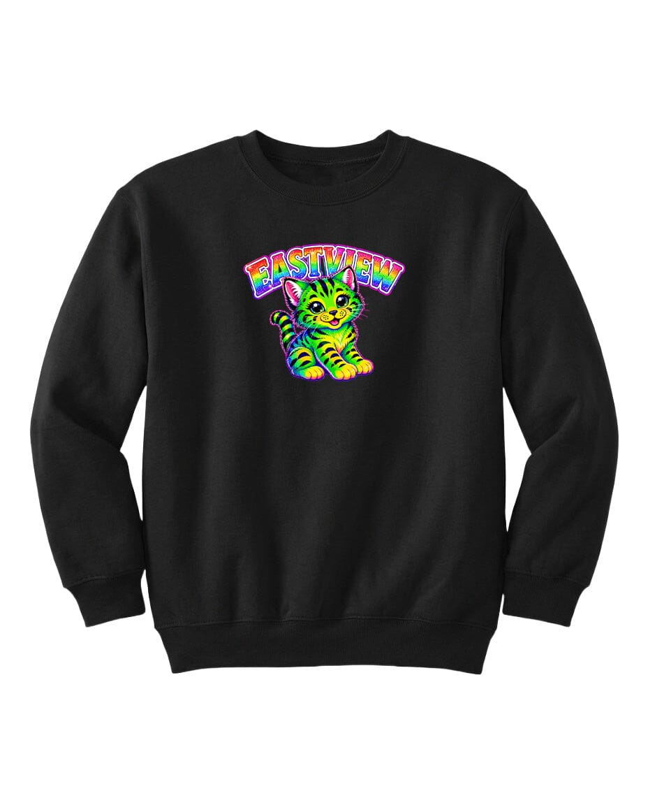 A black sweatshirt with a colorful graphic of a cat and the word "EASTVIEW" printed on it.