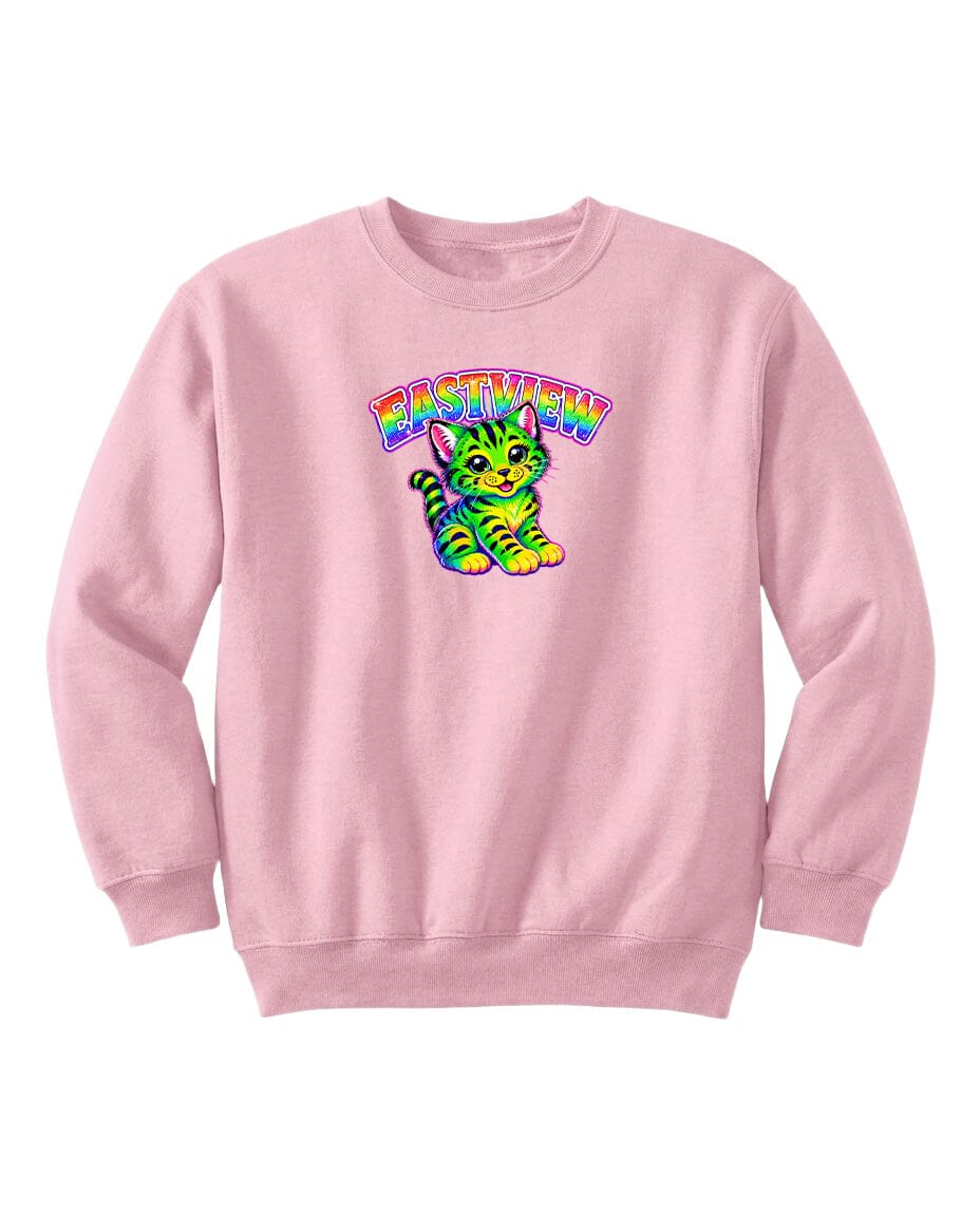 A pink sweatshirt with a colorful graphic of a cat and the word "EASTVIEW" printed on it.