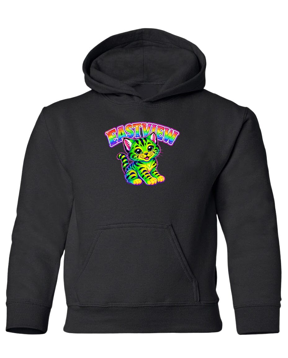 A black hoodie with a colorful graphic of a cat and the text "EASTVIEW" printed on it.