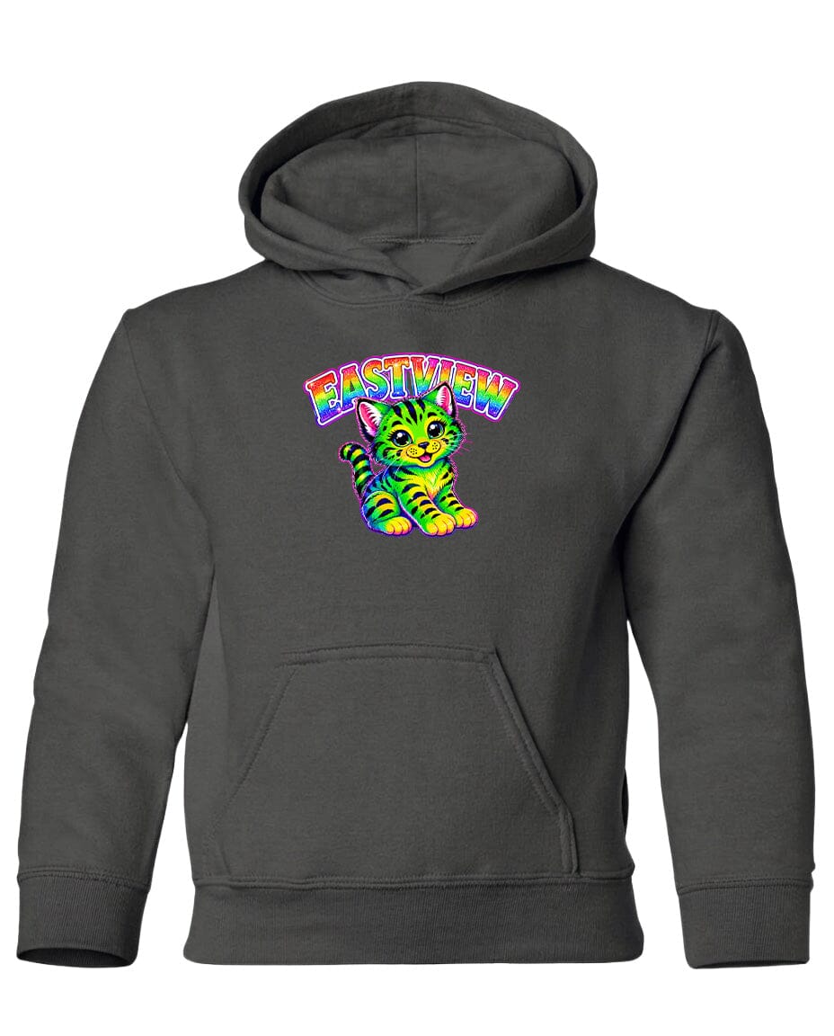 A gray hoodie with a colorful graphic of a cat and the text "EASTVIEW" printed on it.