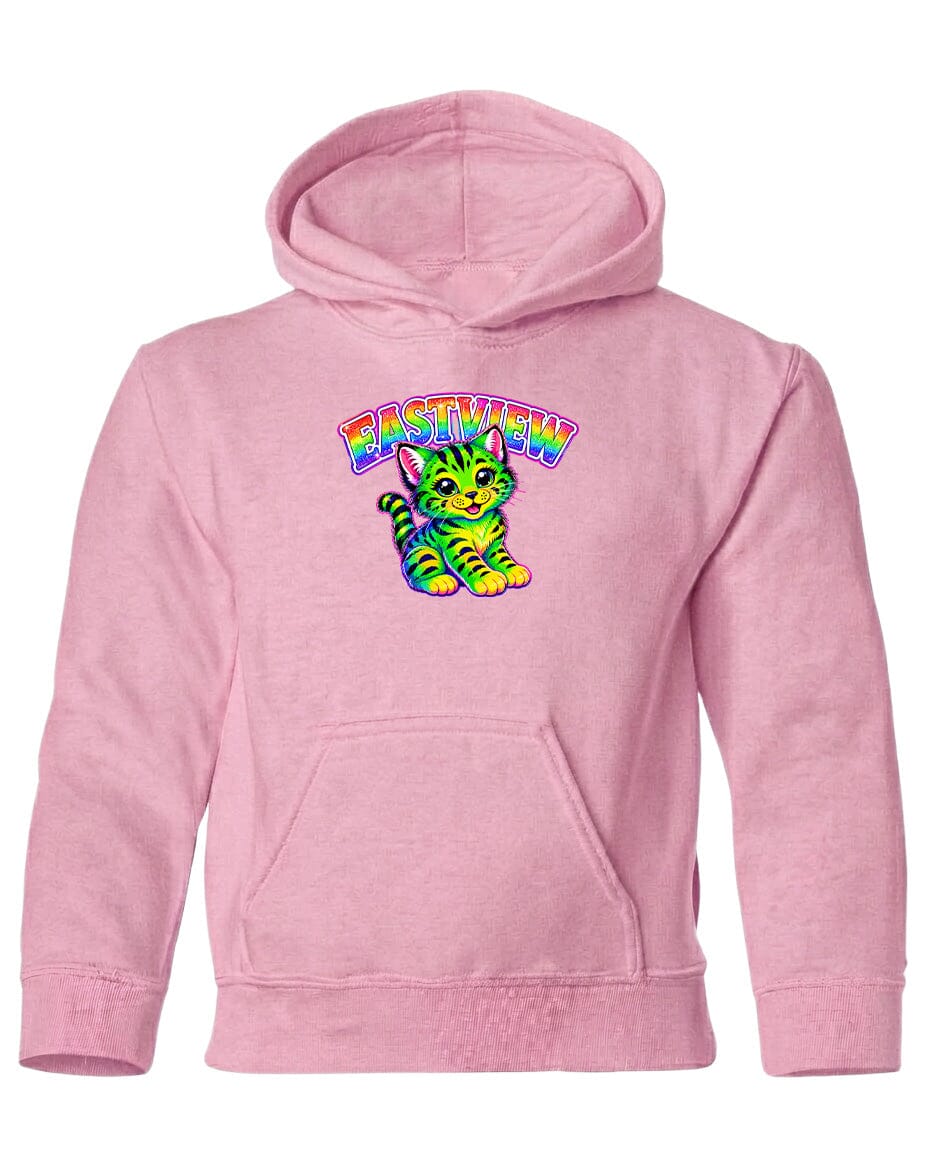 A pink hoodie with a colorful graphic of a cat and the text "EASTVIEW" printed on it.