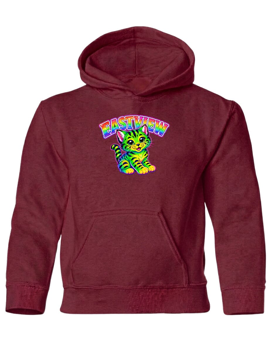 A burgundy-colored hoodie with a colorful graphic of a cat and the text "EASTVIEW" printed on it.