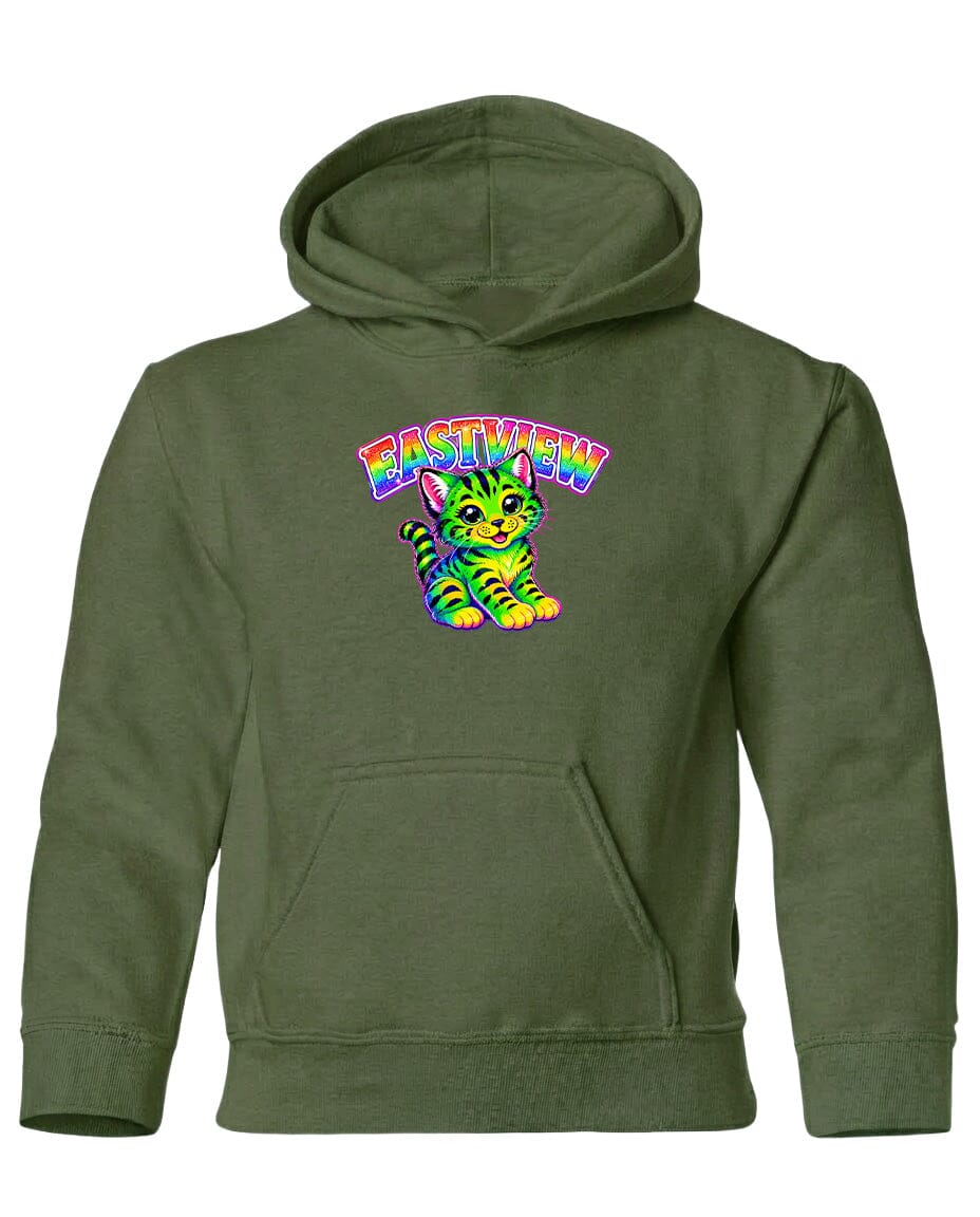 A green hoodie with a colorful graphic of a cat and the text "EASTVIEW" printed on it.