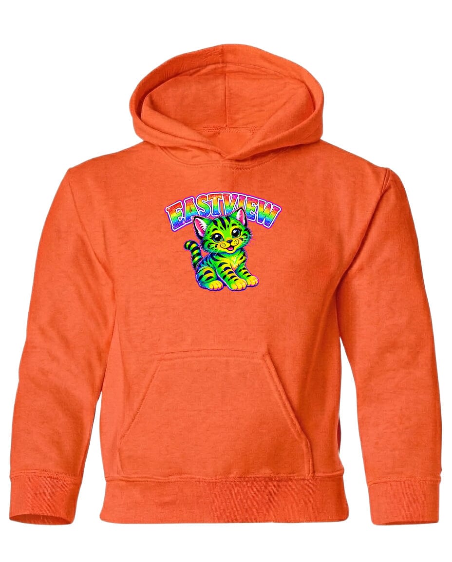 An orange hoodie with a colorful graphic of a cat and the text "EASTVIEW" printed on it.