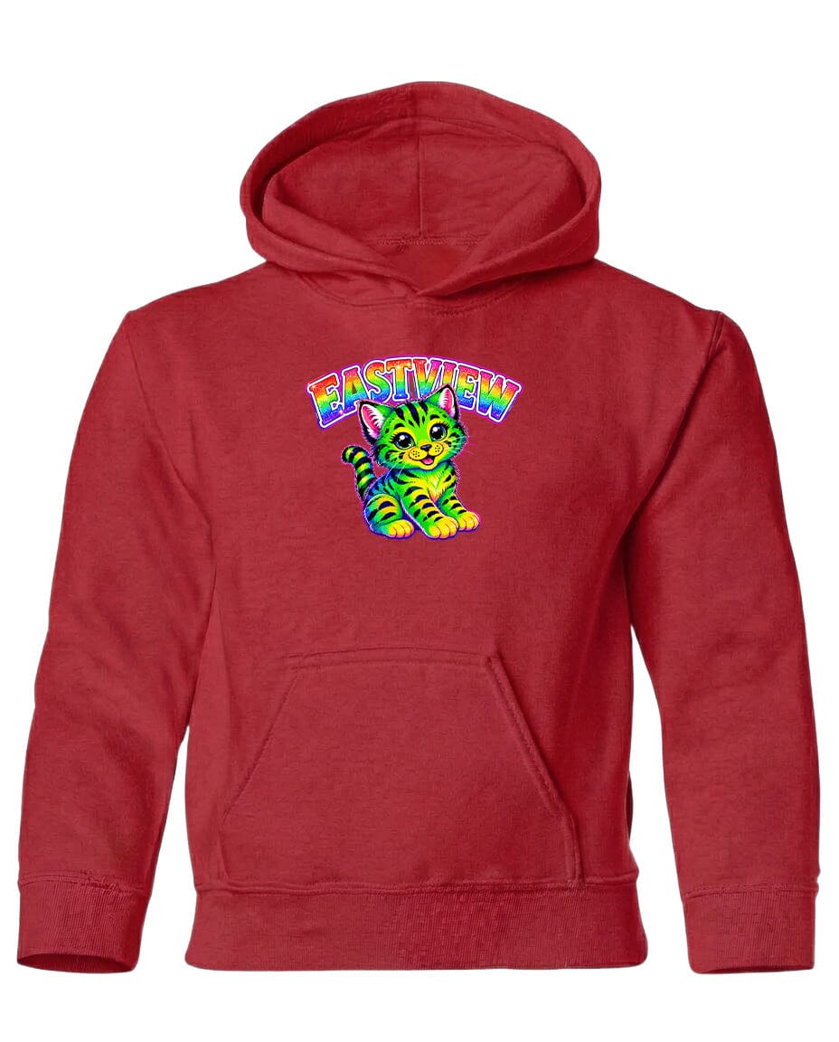 A red hoodie with a colorful graphic of a cat and the text "EASTVIEW" printed on it.