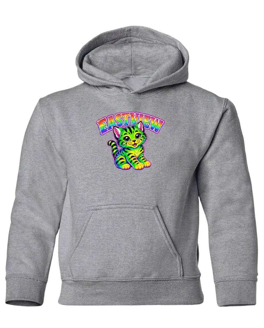 A gray hoodie with a colorful graphic of a cat and the text "EASTVIEW" printed on it.