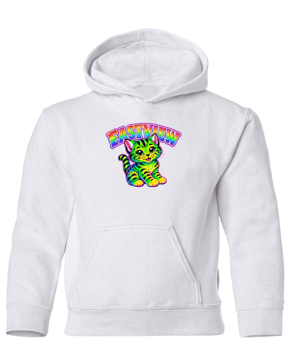 A white hoodie with a colorful graphic of a cat and the text "EASTVIEW" printed on it.