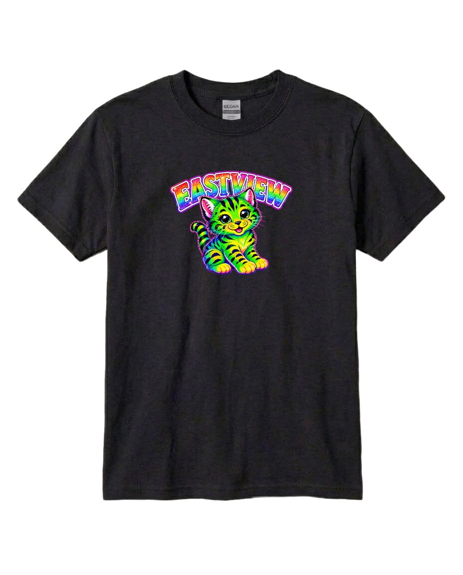 A black t-shirt with a colorful graphic of a cat and the text "EASTVIEW" printed on it.